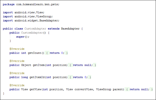 Java code showing default methods for a custom adapter