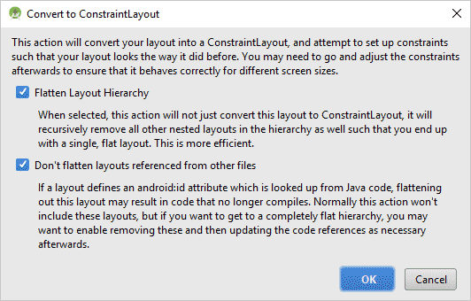 Convert layout warning message