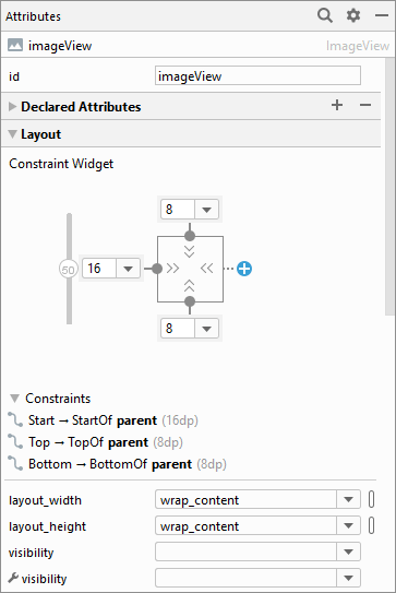 Attributes area for an ImageView in Android Studio 3