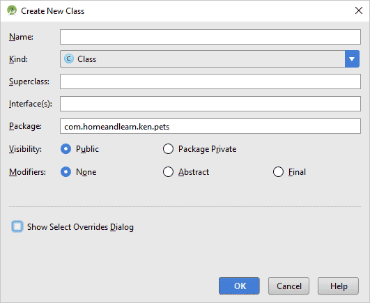 New Java Class dialogue box