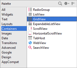 Palette with the GridView item highlighted