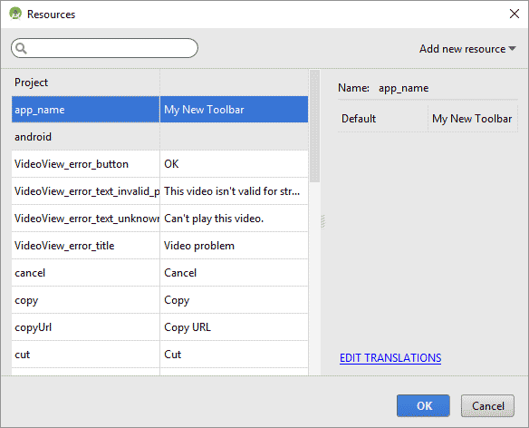 Resources dialogue box showing a string value