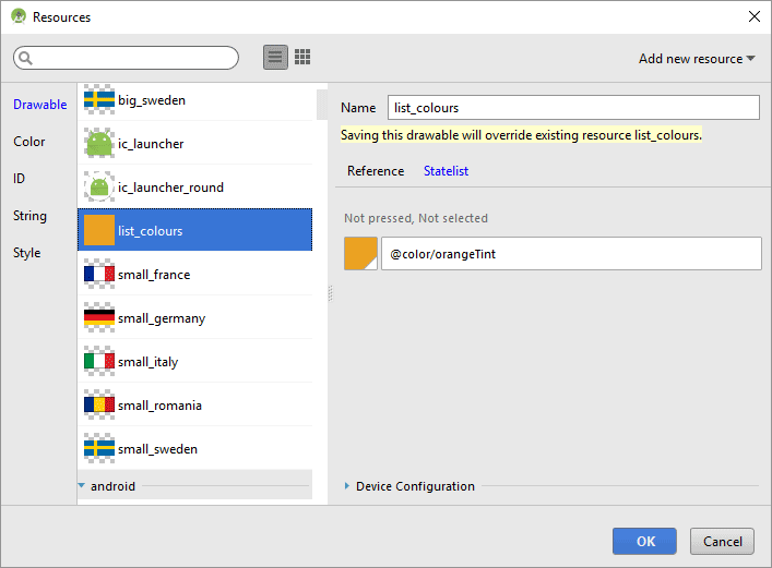 The Resources dialogue box showing a XML drawable selected