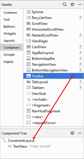 Dragging a Toolbar from the Palette to the Component Tree in Android Studio 3