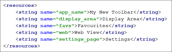The strings.xml file showing some values added