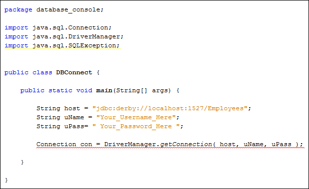 Java code to set up a database connection object