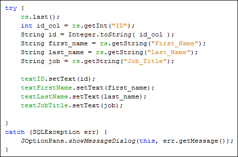 Java code to move to the Last record in a ResultSet