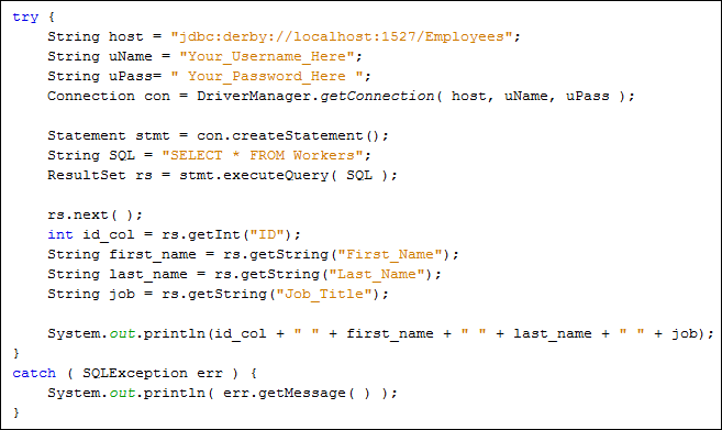 Java code to connect to a database table