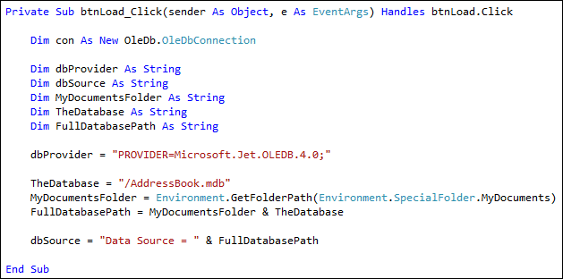 VB NET code with a data source set up