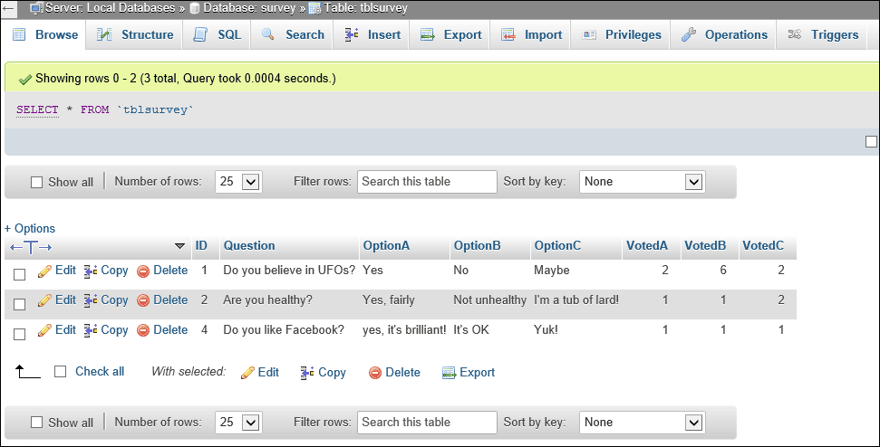 Three rows in the MySQL survey table