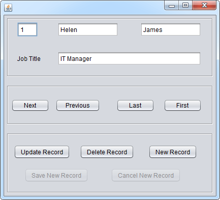 The completed database  Java form